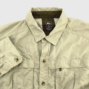 REI Sahara Long Sleeve Tan Shirt UPF 50 Mesh Yoke Cooling Wicking Fabric Hiking